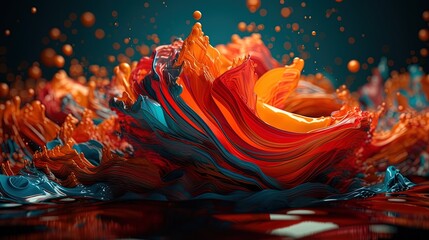 Dynamic 3D abstract background: swirling liquids, splashes, cell shading, vibrant colors, bold outlines, soft lighting, limited animation, 8K resolution, depth of field effect.