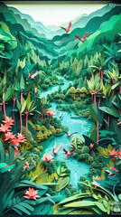 Obraz premium nature amazon rainforest illustration, paper kirigami craft