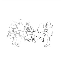 Black and white illustration of hanging out with friends while chatting
