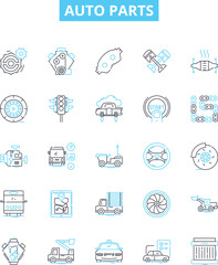 Auto parts vector line icons set. Car, Auto, Parts, Tires, Battery, Radiator, Oil illustration outline concept symbols and signs