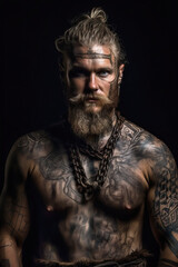 Obraz premium Illustration of handsome strong and muscular Viking warrior. Historical Viking culture concept. Generative AI