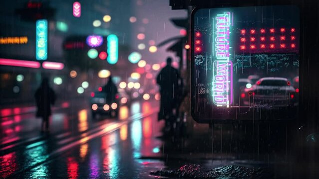 night city, street, after the rain, cyberpunk style, background for music, 4k
