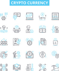 Crypto currency vector line icons set. Crypto, Currency, Bitcoin, Ethereum, Litecoin, Ripple, Dash illustration outline concept symbols and signs