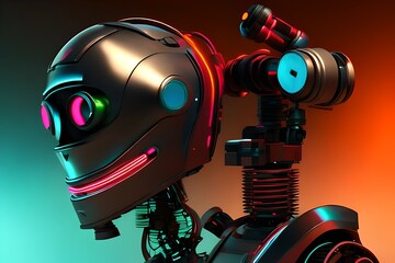 3D digital illustration of a robot face with a mechanical arm Generative AI
