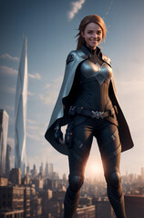 A beautiful woman is a superhero against background of city at sunset. Generative AI.