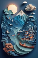 Gorgeous blue oriental diorama illustration made with Generative AI 