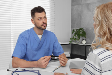 Doctor listening to patient's complaints during consultation in clinic