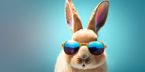 Naklejka na ściany i meble Bunny Rabbit with Sunglasses. Simple Blue Background. Banner Copy Space Background. Generativ AI 