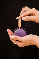 close-up of female hand accurate holding on the palm delicious sweet purple macaron on black...