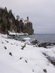 Shoreline of Lake Superior norther shore in wither with Split Rock Lighthouse in the background