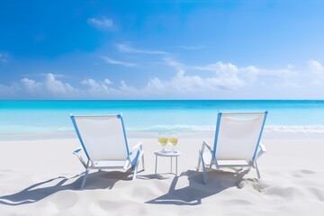 Two beach chairs on a lonely beach with pure white sand and aqua-blue water and two glasses between chairs of pina colada