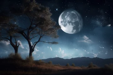 Papier Peint photo Lavable Pleine Lune arbre Full Moon Over Mountains