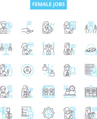 Female jobs vector line icons set. Nurse, Teacher, Engineer, Receptionist, Doctor, Lawyer, Administrator illustration outline concept symbols and signs