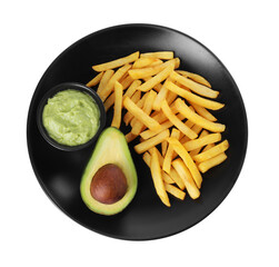 Plate with delicious french fries and avocado dip isolated on white, top view