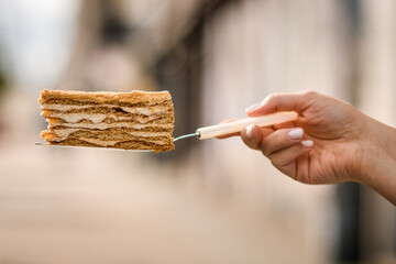 Selective focus on slice of sweet honey cake on a metal cake spatula in hand