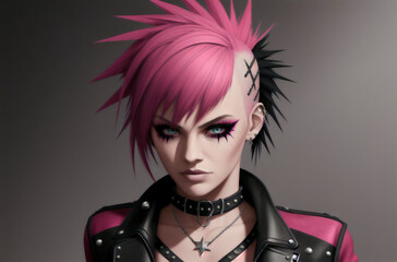 Portrait of a punk girl with bright make up and colorful hair. Generative AI.