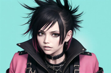 Portrait of a beautiful punk girl with bright make-up over colorful background. Generative AI.