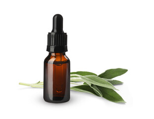 Bottle of sage essential oil and green leaves on white background