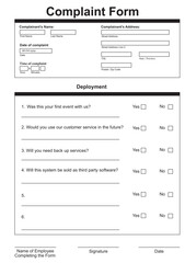 Blank customer complaint form on white background
