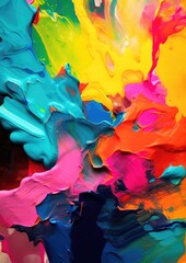 Abstract painting splashes of paint in synchronised colorful grouping, on canvas. Generative ai. Very colourful and vibrant realistic paint splashes