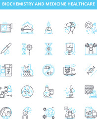Biochemistry and medicine healthcare vector line icons set. Biochemistry, Metabolism, Enzymes, Hormones, Proteins, Genes, DNA illustration outline concept symbols and signs
