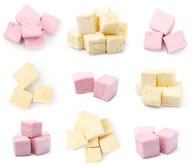 Collage with tasty different marshmallows on white background