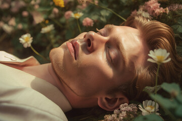 Obraz na płótnie Canvas Beautiful portrait close-up of a young man lying in a flower field made with generative AI