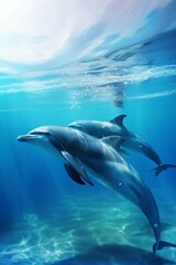 Fototapeta premium Dolphin in the sea underwater. Generative AI
