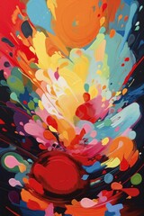 Obraz premium Abstract painting splashes of paint in synchronised colorful grouping, on canvas. Generative ai. Very colourful and vibrant realistic paint splashes