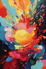 Fototapeta premium Abstract painting splashes of paint in synchronised colorful grouping, on canvas. Generative ai. Very colourful and vibrant realistic paint splashes