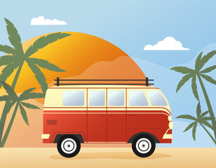 Red bus against the backdrop of palm trees and the sun. Poster template. Summer travel. Vector retro drawing. For printing on clothes, souvenirs, flyers, posters, social networks and web pages.