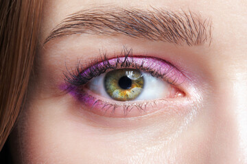 Closeup macro shot of human female eye with pink eyes shadows