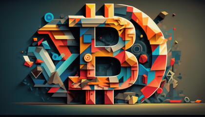 Artistic Bitcoin Logo with abstract geometric expression of FOMO when trading Bitcoin. Stylized Bitcoin Icon 
