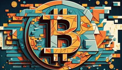 Original Bitcoin logo Artwork with a cubist view and a colorful palate.