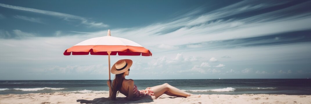 Woman wearing a hat and relaxing under umbrellas on the beach (generative ai)