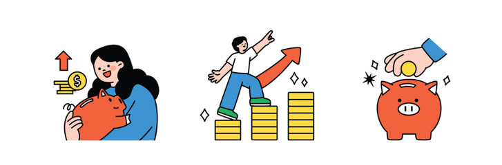 Finance and people, accounts for household economic growth, investment plan management. piggy bank and stairs. Vector illustration.