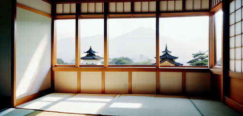 Empty Room In Traditional Japanese Home Looking Out to Temple Roofs Generative AI Photo
