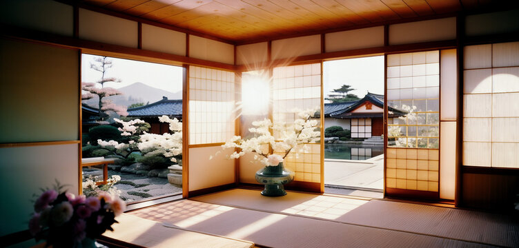 Sun Shining Through Flower Decorated Welcome Room In Traditional Japanese Home Generative AI Photo