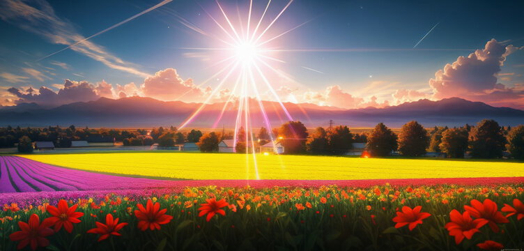 Golden Hour at a Vibrant Flower Field with Sun Rays Generative AI Photo