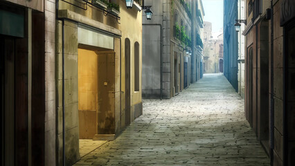 Fototapeta na wymiar Anime background landscape wallpaper old village, old city, old street, isekai, unreal