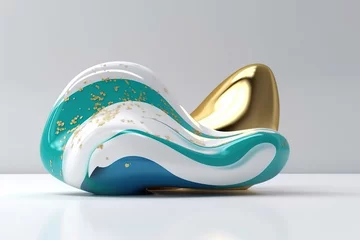 Deurstickers Gold blue green white abstract form acrylic cream texture streamlined shape made with generative AI © Vitalii But