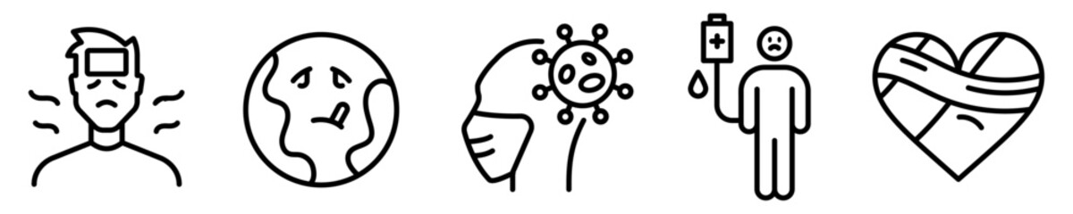 Conjunto de iconos de enfermedad. Persona enferma, planeta enfermo, contagio de virus, tratamiento medicinal, curar. Ilustración vectorial © Frank