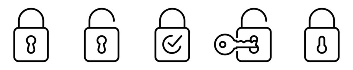 Conjunto de iconos de candado de seguridad. Concepto de protección y seguridad. Candado abierto, cerrado, llave. Ilustración vectorial
