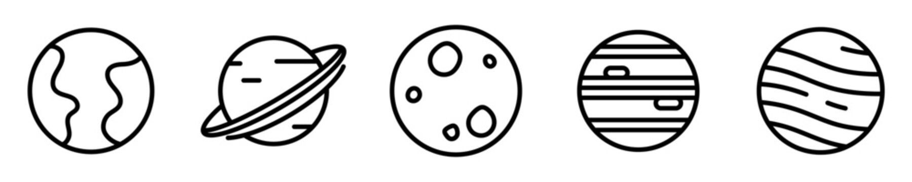 Conjunto de iconos de planetas. Astronom&iacute;a, planetas de diferentes estilos. Ilustraci&oacute;n vectorial
