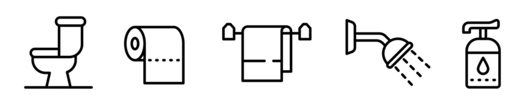 Conjunto de iconos de ba&ntilde;o. Productos de aseo, papel higi&eacute;nico, toalla, ducha, inodoro. Ilustraci&oacute;n vectorial
