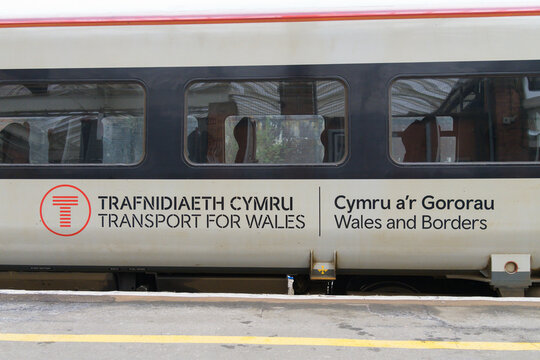 Shrewsbury, UK - March 15, 2023; Transport For Wales train with multilingal information on carriage