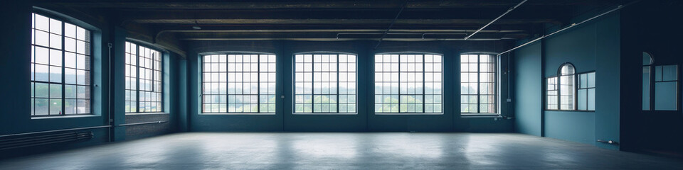 Empty warehouse of building floor. A nice vacant tenant space for small office, atelier, and dance lessons. Blue green interior room background. Extra wide format. Generative AI based. 