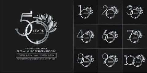 set of anniversary logotype silver color with ornament for special celebration event