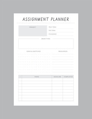 Assignment Planner. Minimalist planner template set. Vector illustration.