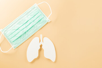 World Tuberculosis Day. Overhead lungs paper symbol and facial medical face mask on pastel...